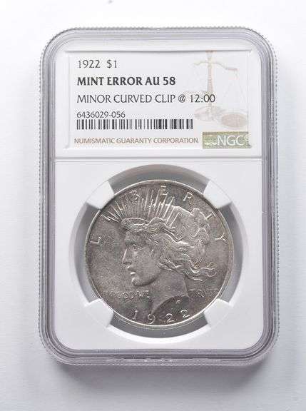 Error AU58 1922 Peace Silver Dollar Minor Curved Clip @ 12:00 NGC