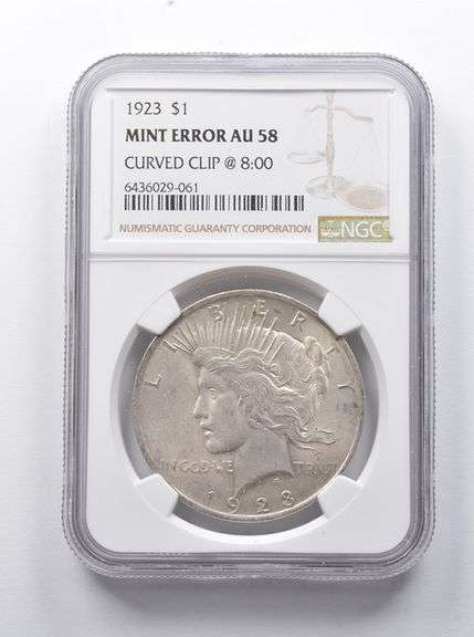 Error AU58 1923 Peace Silver Dollar Curved Clip @ 8:00 NGC