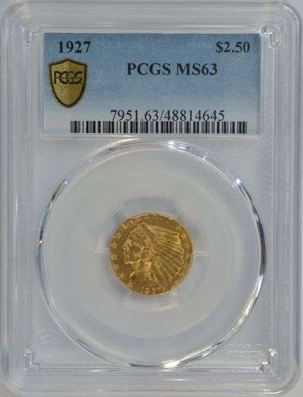 Choice BU 1927 US $2.50 Indian Gold Piece. PCGS MS63