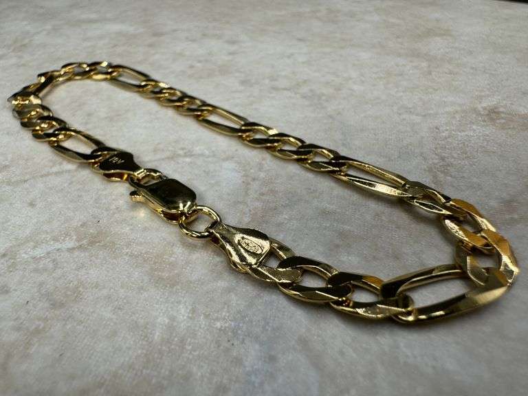 22k Yellow Gold Plated Men's 6.5mm Solid .925 Sterling Silver Flat Figaro Chain Link Italy Bracelet 