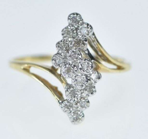 14K Yellow Gold Vintage Zig Zag Bypass Cluster Statement Ring