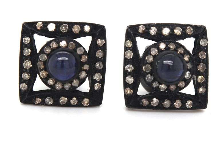 Impeccable Sapphire Core Dark Silver Earrings with Diamond Accents