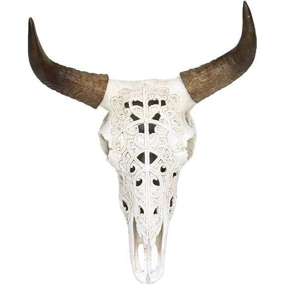 Hand-Painted White Tribal Steer Skull Wall Sculpture