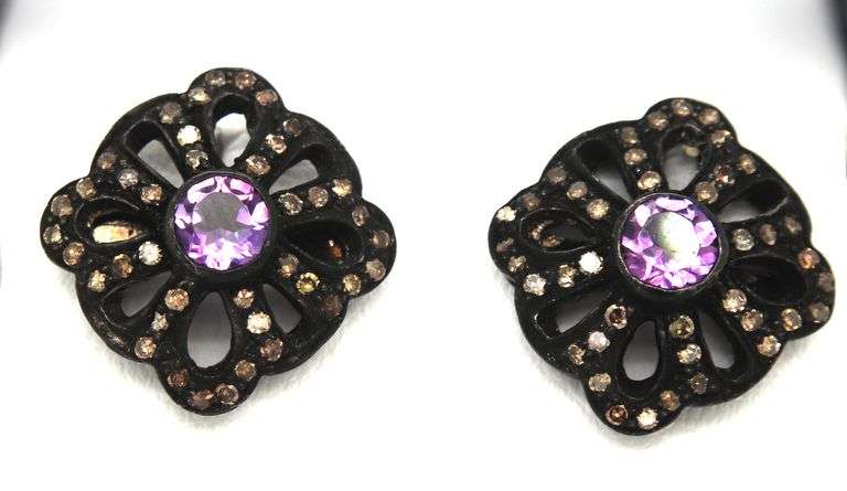 Enchanting Amethyst Earrings with Moody Dark Silver Backdrop and Diamond Accents