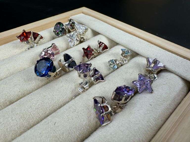 Sterling Silver CZ Earrings Lot of 10 Pairs Various Sizes and Styles