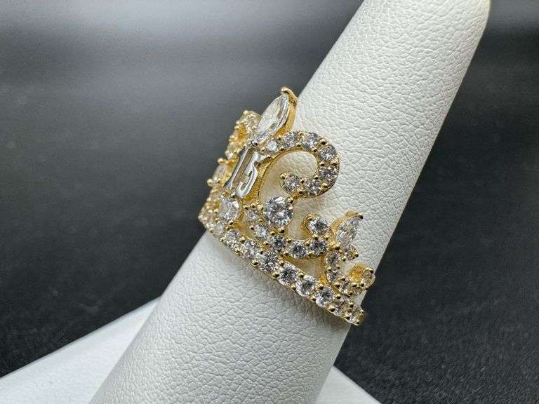 10k Yellow Gold White CZ Quinceanera 15 Anos Birthday Tiara Princess Fleur De Lis Ring Size 7