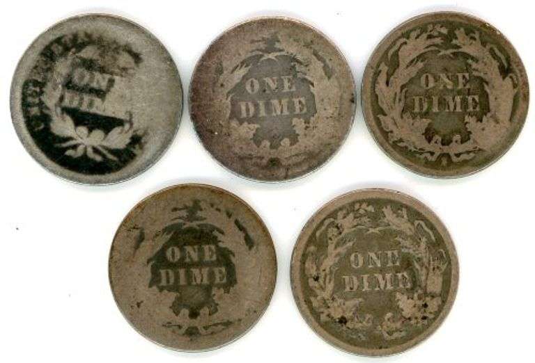 Five Different Liberty Seated Dimes: 1839-1891