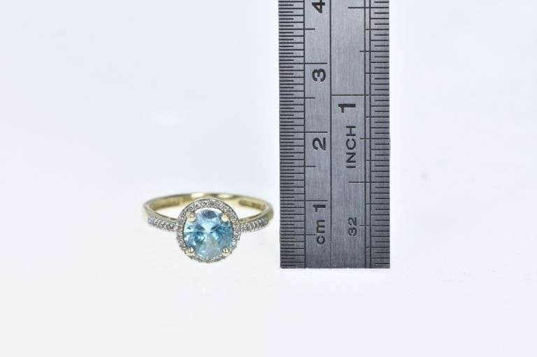 14K Yellow Gold Blue Topaz Diamond Halo Vintage Statement Ring
