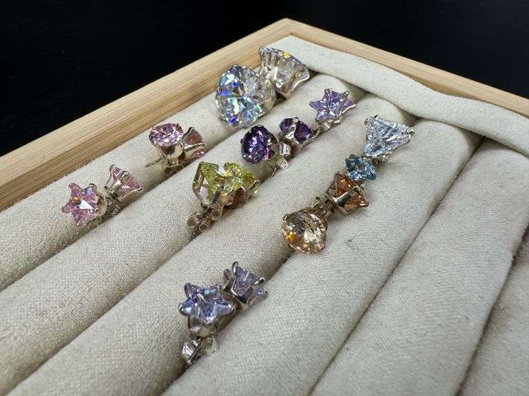 Sterling Silver CZ Earrings Lot of 10 Pairs Various Sizes and Styles