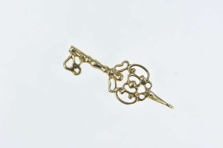 14K Yellow Gold Filigree Skeleton Key Loyalty Symbol Charm/Pendant