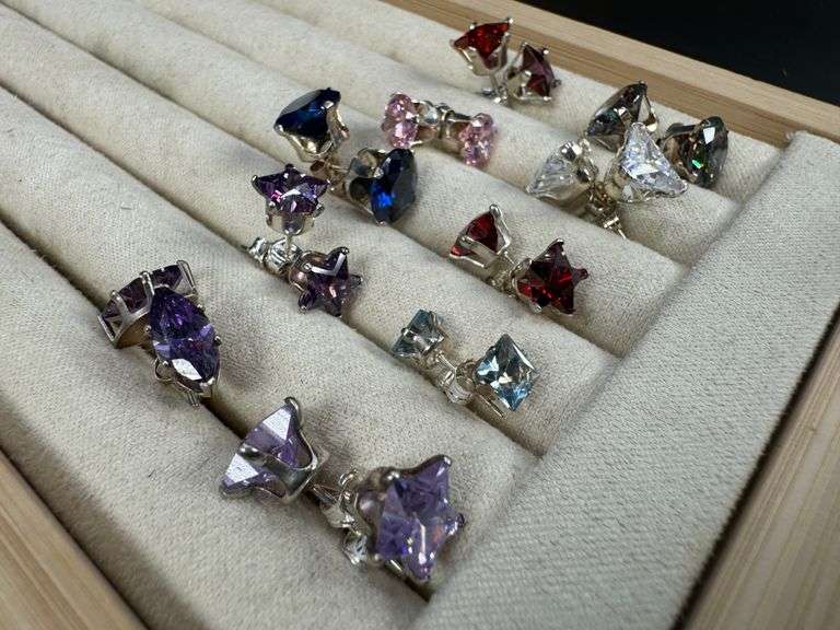 Sterling Silver CZ Earrings Lot of 10 Pairs Various Sizes and Styles