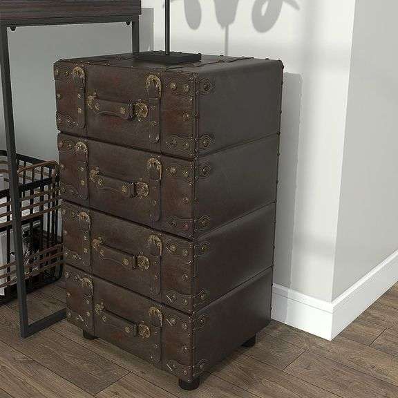 Vintage Black Leather 4-Drawer Storage Chest with Gold Studs