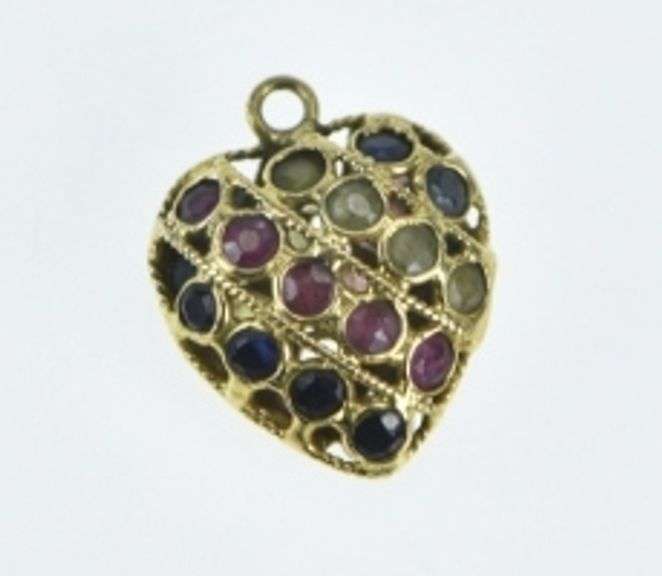 21K Yellow Gold Pave Sapphire Ruby Peridot Heart Charm/Pendant
