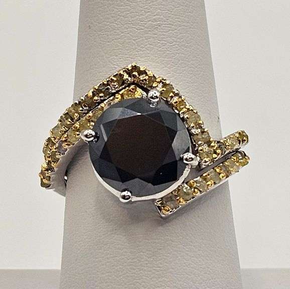 14 Kt White Gold Plated 4 Ct Black Moissanite and Natural Yellow Diamond Engagement Ring
