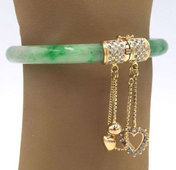 14kt Yellow gold Jade and diamond accent hinged bangle bracelet