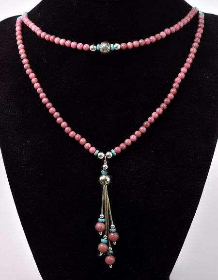 Turquoise and Pink Gemstone Beaded Necklace in Sterling Silver