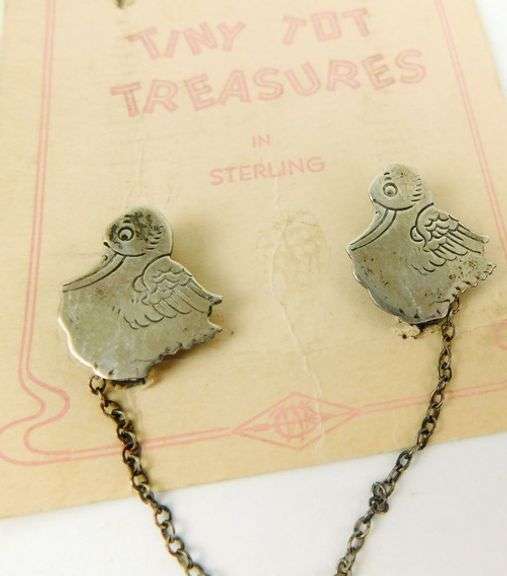 Vintage Sterling Silver Duck Baby Bib Clips