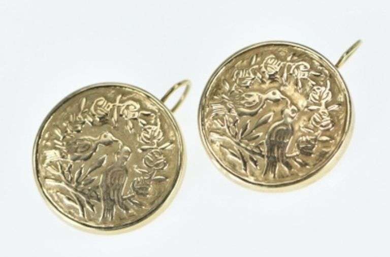 14K Yellow Gold High Relief Floral Dove Round Dangle Earrings