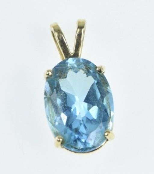 14K Yellow Gold Oval Blue Topaz Vintage Solitaire Classic Pendant