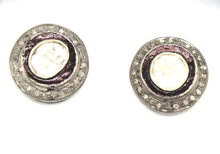 Round Mine Cut Dark Silver Earrings with Diamond Accents