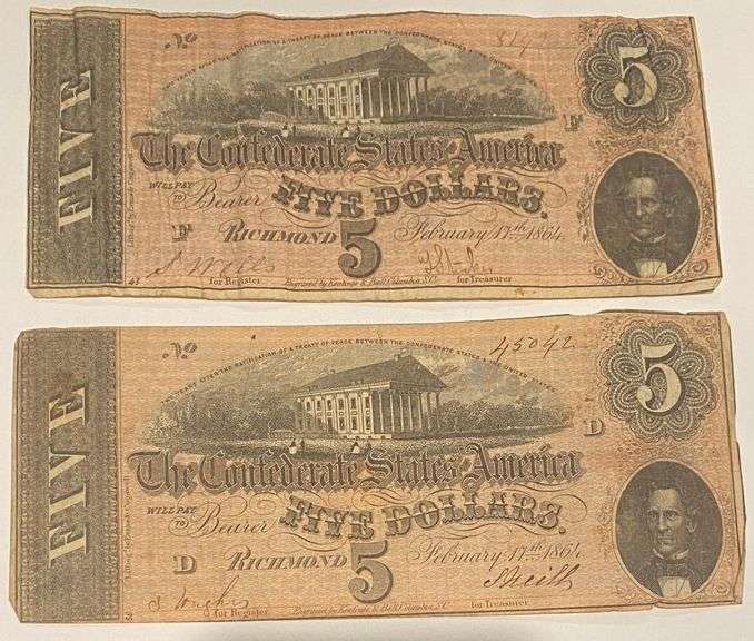 2 Red Feb 17 1864 $5 Confederate States Note
