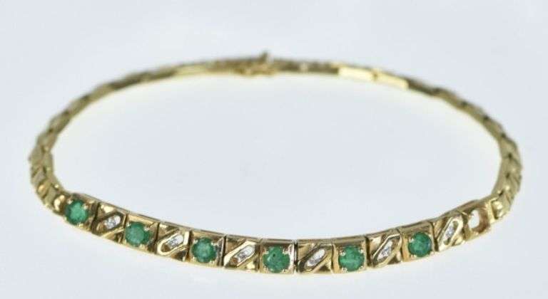 14K Yellow Gold Emerald Diamond Vintage Squared Chain Bracelet