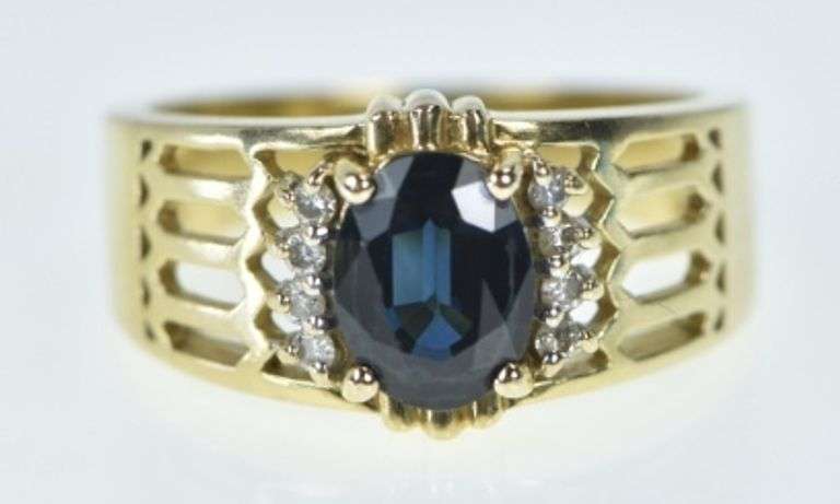 14K Yellow Gold Sapphire Diamond Statement Vintage Ring