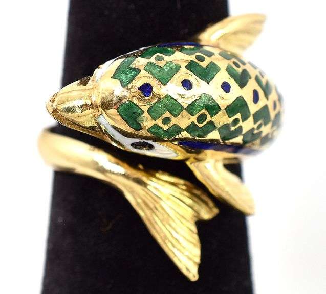 Fantastic 18K Yellow Gold Enamel Dolphin Wrap Ring
