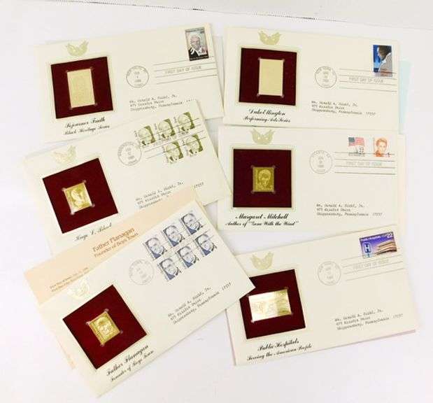 6 First Day Issues with 22K Gold Replica Stamps