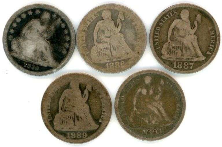 Five Different Liberty Seated Dimes: 1839-1891