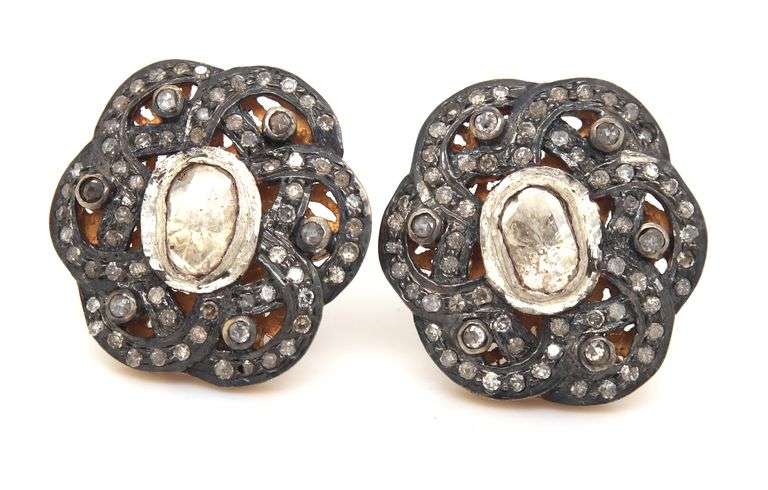 Intricate Rustic Floral Design Mine Cut Diamond Earrings with Dark Silver and Diamond Accents