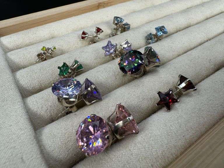 Sterling Silver CZ Earrings Lot of 10 Pairs Various Sizes and Styles