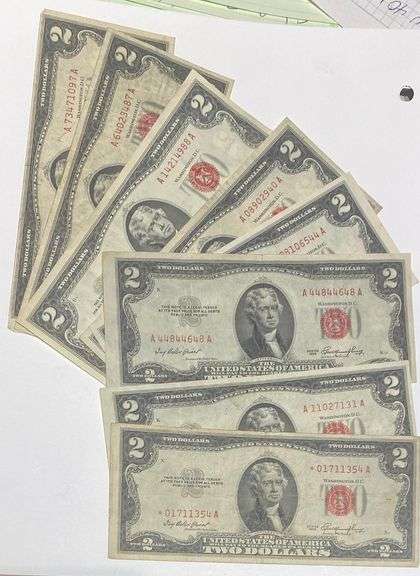 8 Red Seal $2 US Notes Including a Star