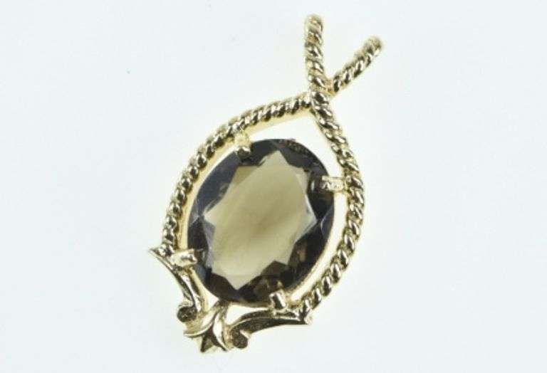 14K Yellow Gold Oval Smoky Quartz Vintage Statement Pendant