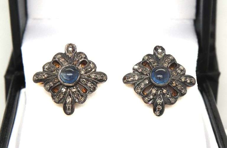 Alluring Cabochon Sapphire Surrounded in Diamonds Gold Plated Earrings