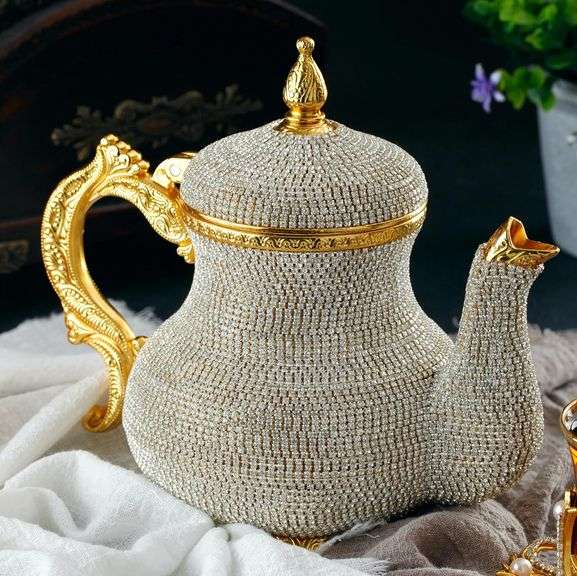 Handcrafted Moroccan Gold Teapot Pitcher with Crystals