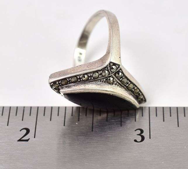 Black Onyx and Marcasite Gemstone Ring in Sterling Silver