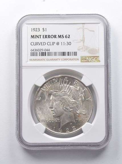 Error MS62 1923 Peace Silver Dollar Curved Clip @ 11:30 NGC