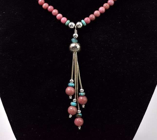 Turquoise and Pink Gemstone Beaded Necklace in Sterling Silver