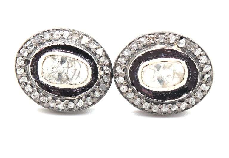Moody Dark Silver Mine Cut Diamond Earrings with Diamond Accents