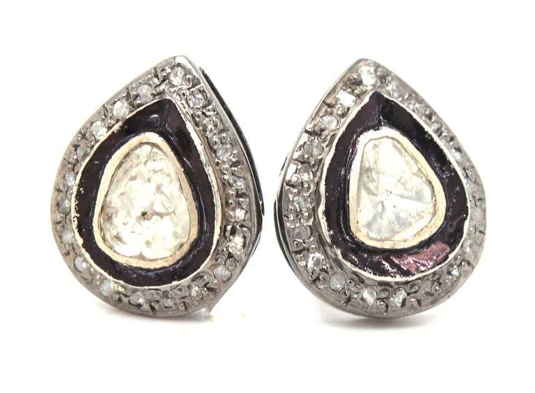Flattering Mine Cut Diamond Dark Silver Teardrop Earrings ridged with Diamond Accents