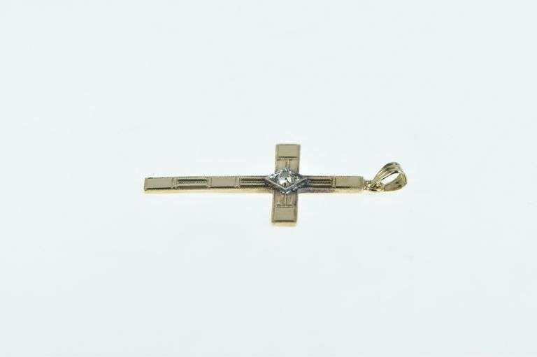 14K Yellow Gold 1930's Diamond Classic Cross Christian Pendant