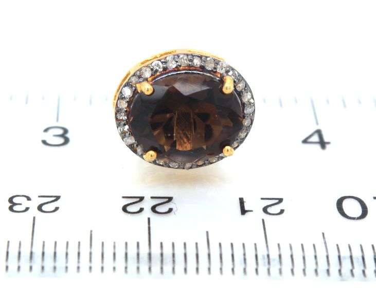 Regal Sepia Quartz Earrings with Gold Plated Silver and Diamond Accents