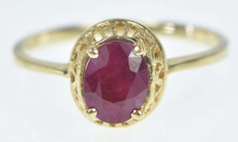 10K Yellow Gold Ornate Oval Natural Ruby Solitaire Statement Ring