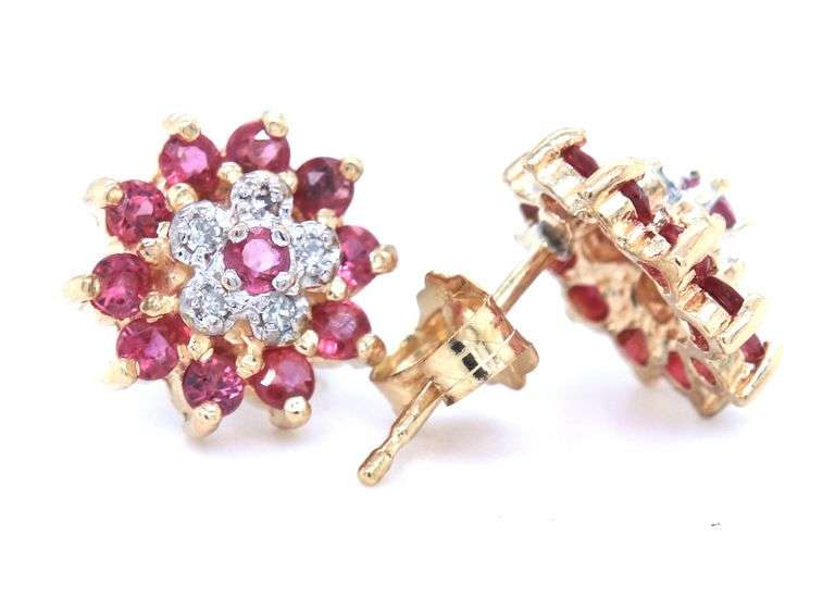 14kt Yellow gold Ruby and diamond flower earrings