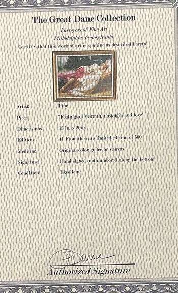 Collectible Pino Signed Giclee,  Feelings of Warmth, Nostalgia and Love