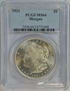 Nearly Gem BU 1921 Morgan Silver Dollar. PCGS MS64