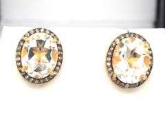 Bright Gold Plated Silver Earrings with Large Quartz and Diamond Accents