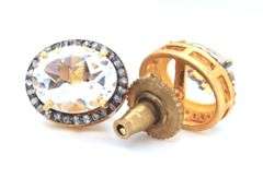 Bright Gold Plated Silver Earrings with Large Quartz and Diamond Accents