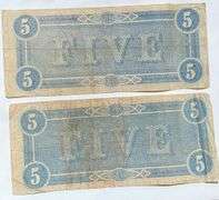 2 Red Feb 17 1864 $5 Confederate States Note.